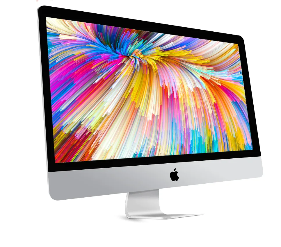Silver all-in-one desktop with 27 inch tapered aluminum body and black glass display face