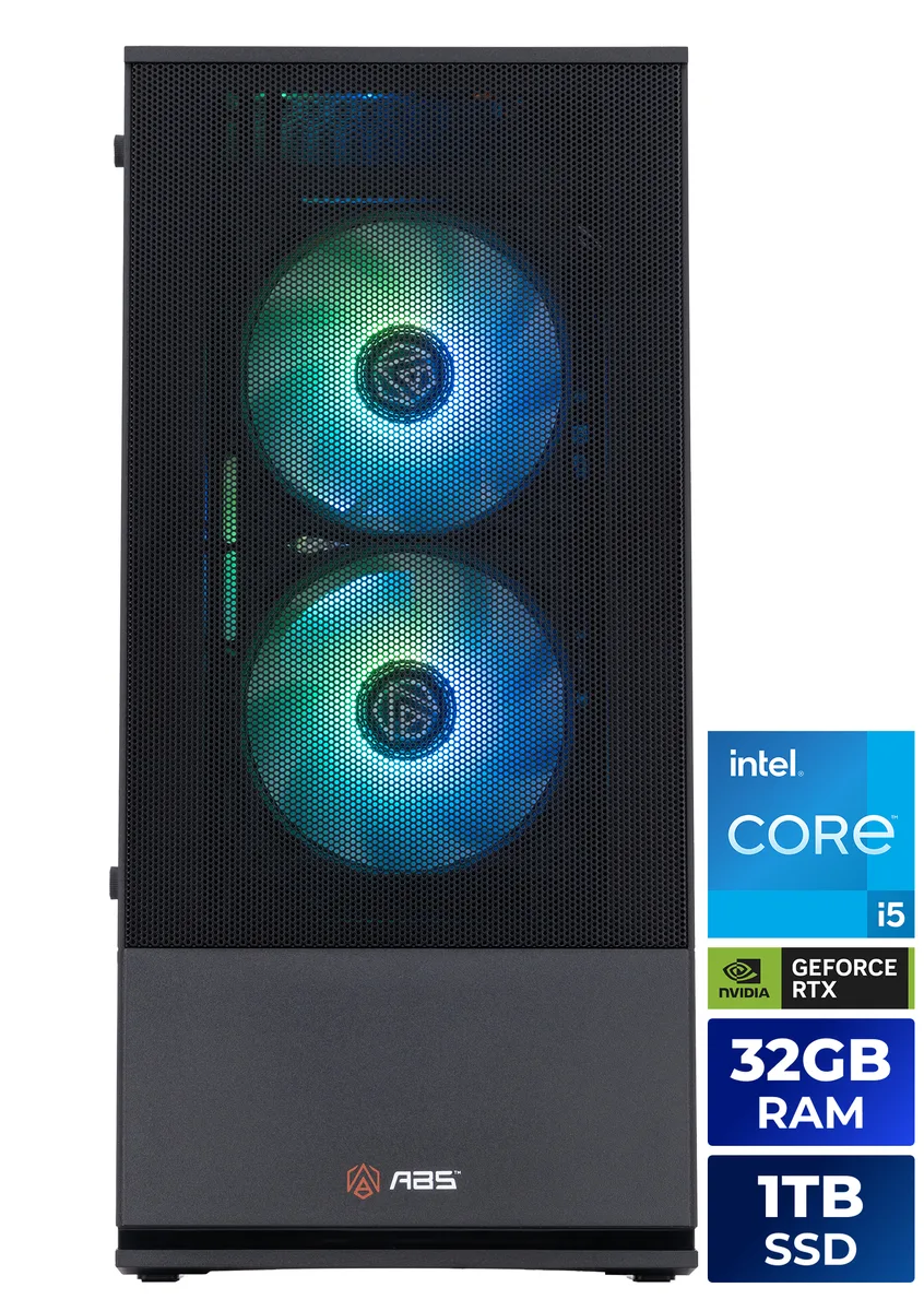 Black mid-tower gaming desktop with ARGB CPU cooler visible through glass side panel