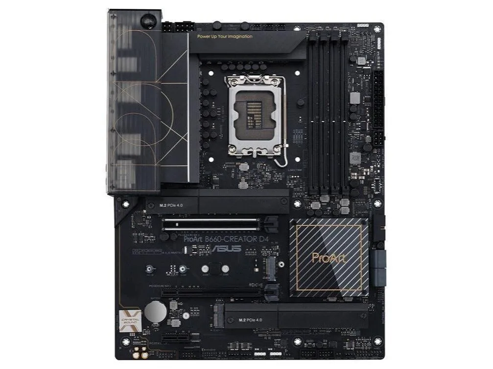 ATX motherboard with silver heatsinks and black PCB