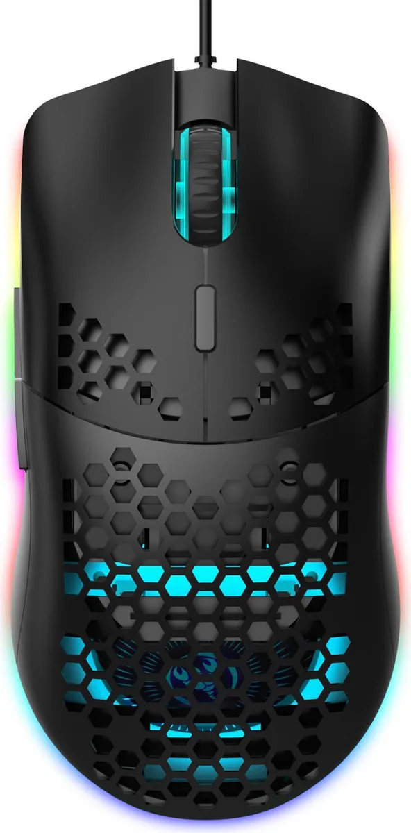 Black lightweight gaming mouse with honeycomb shell and RGB lighting