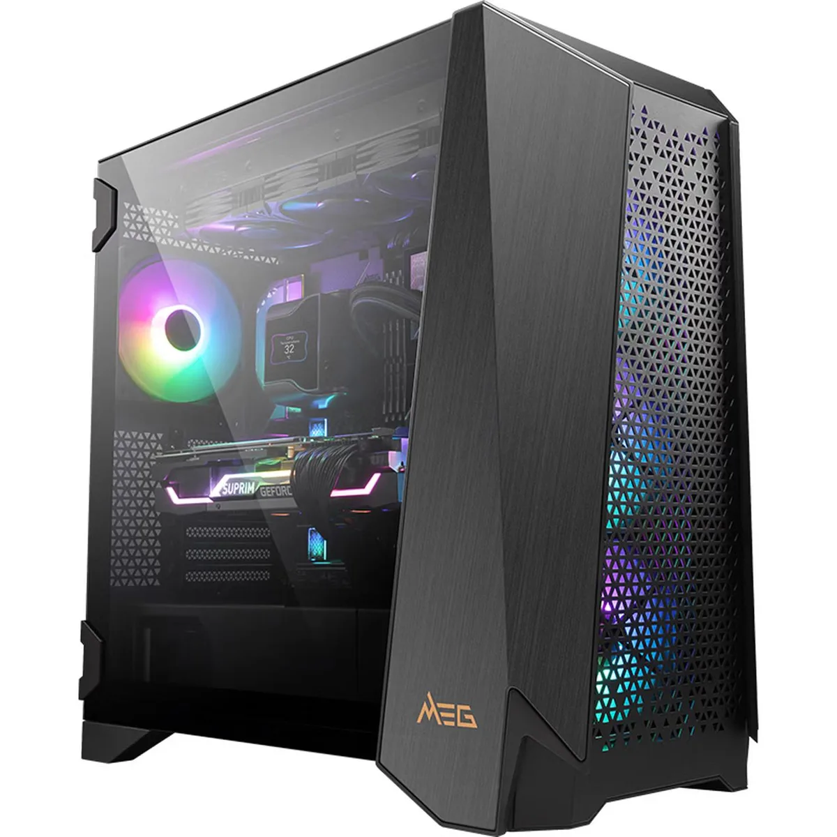 MSI MEG Prospect 700RL mid-tower case, dark glass panels, four pre-installed ARGB fans visible