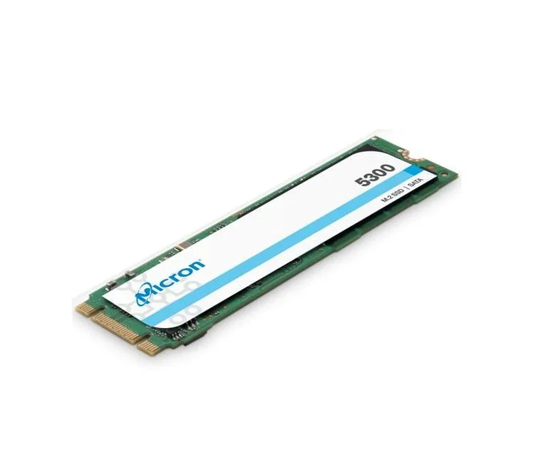 Rectangular 2.5 inch SATA SSD with black metal casing and label showing 5300 Pro 1.92TB