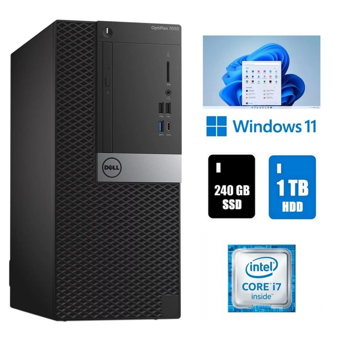 DELL DELL OptiPlex 7050 MT Core i7 16GB 1TB HDD 240GB SSD Windows 11 Pro desktop PC — 商品写真