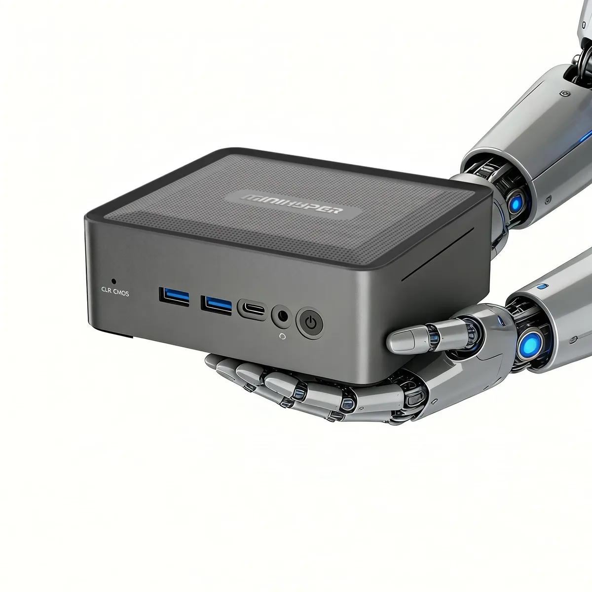 Compact black mini PC with front ports and card reader
