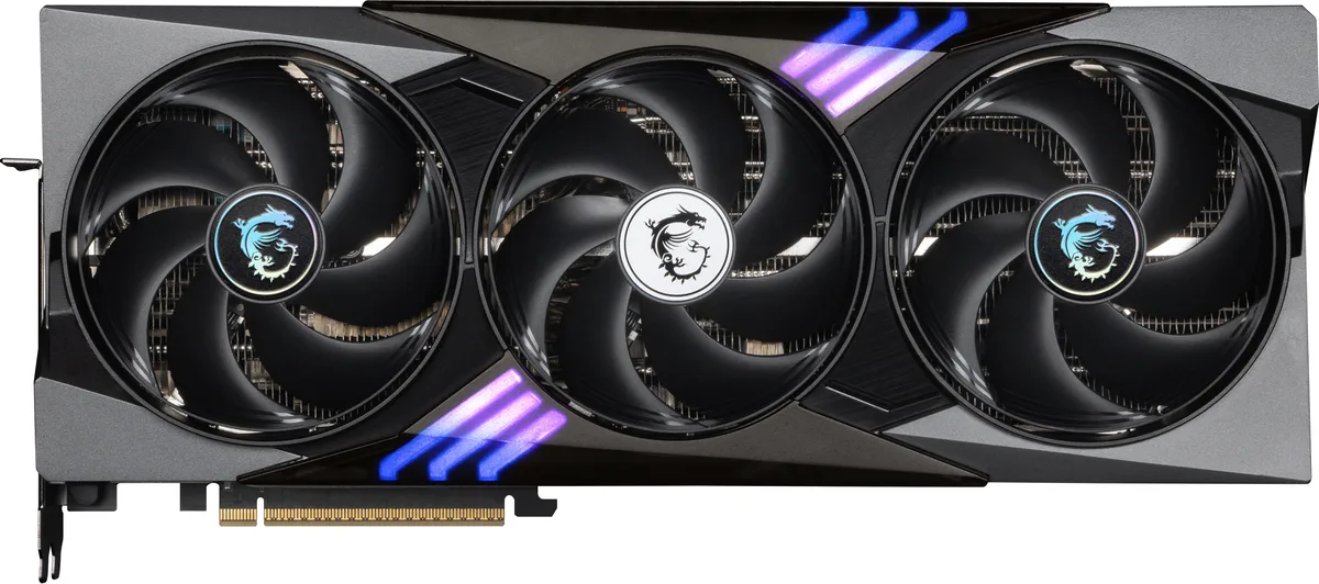 Black triple-fan graphics card with silver accents, 359 mm long