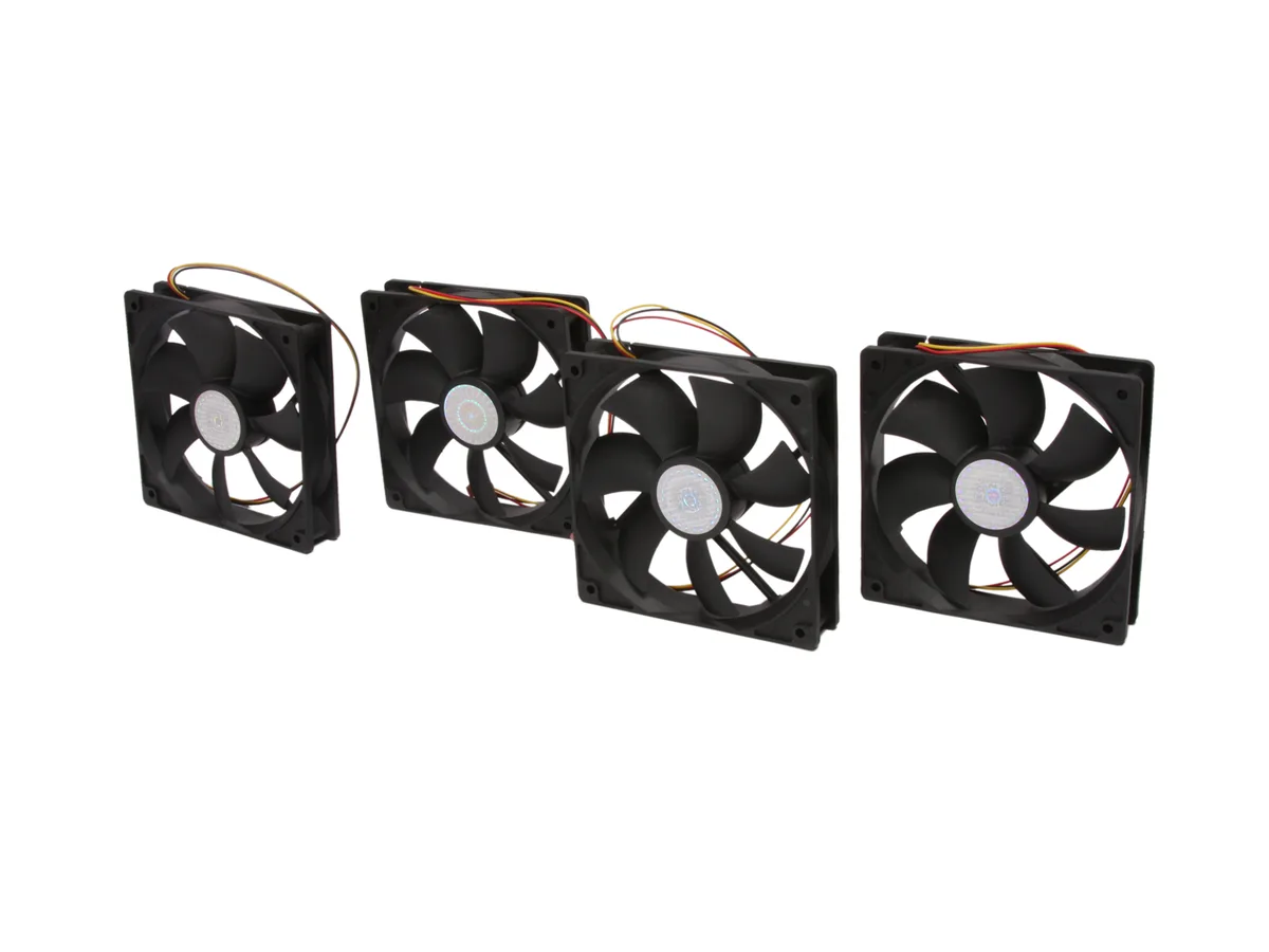 Four black 120 mm case fans with 3-pin connectors, 25 mm thick, matte finish