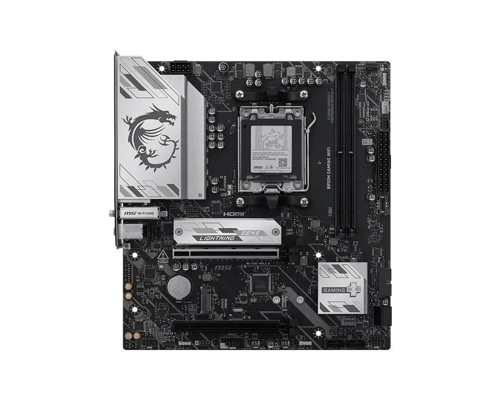 MSI B850M GAMING WIFI mATX motherboard dark PCB with silver heatsinks and rear I/O panel