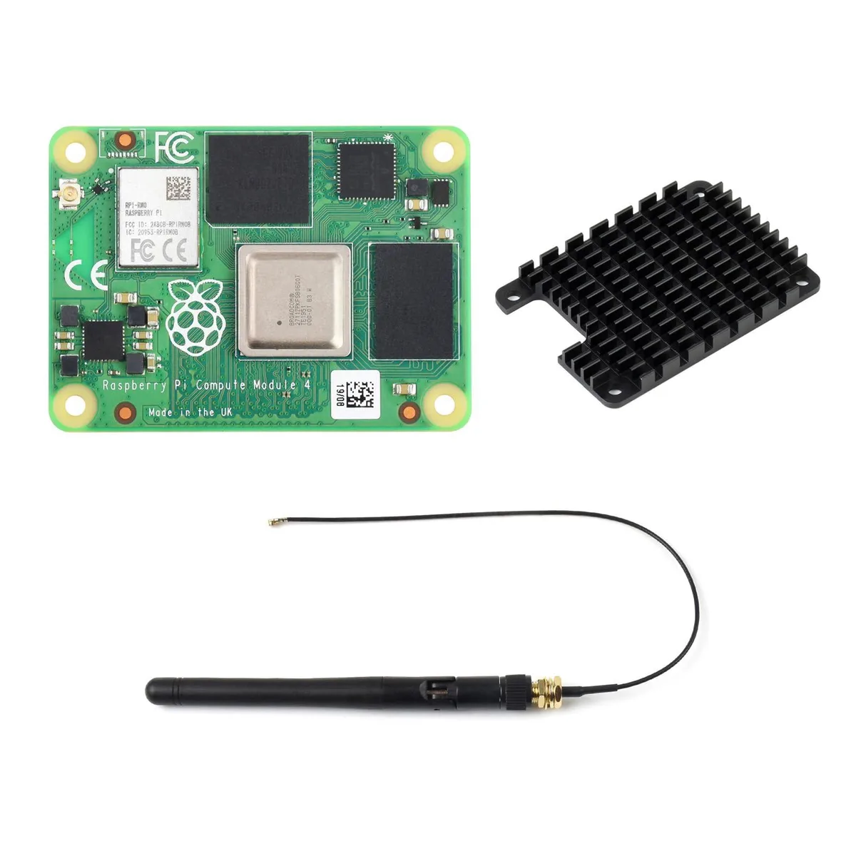 Green circuit board with silver metal shielding and black connectors