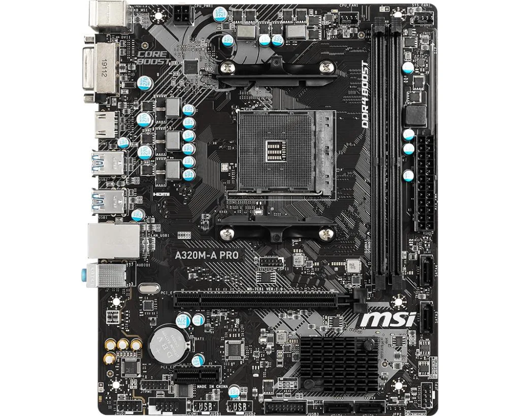 Green Micro ATX motherboard with black sockets and silver heatsinks