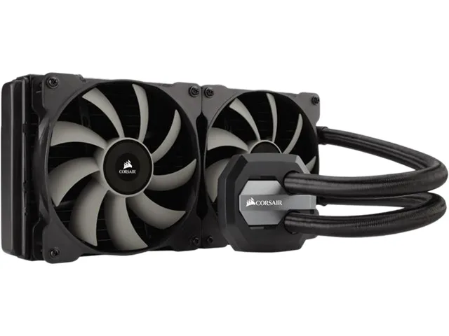 Black rectangular radiator with two 140mm fans and a round pump block with Corsair logo