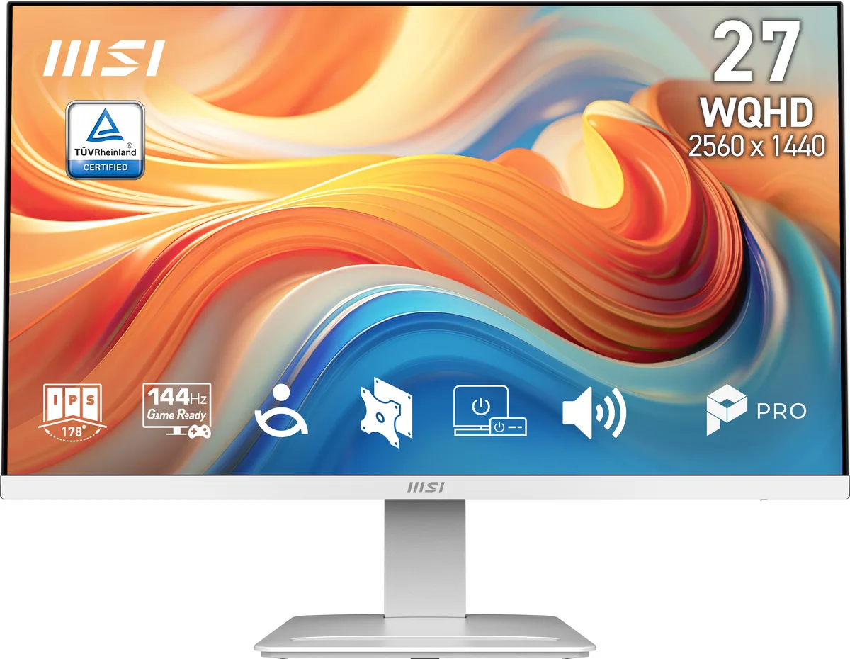 White 27-inch monitor with matte black cabinet, slim bezels, adjustable stand and cable slot