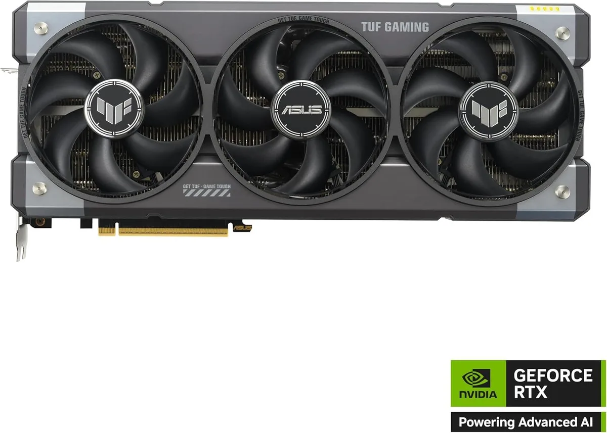 ASUS TUF Gaming RTX 5080 graphics card, three-slot design with triple axial fans, matte black shroud and metal backplate