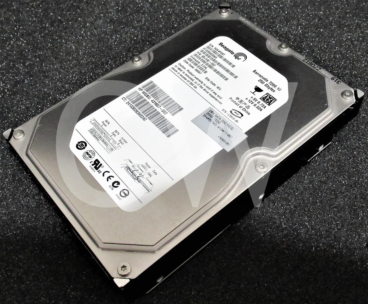 Silver rectangular 3.5 inch bare SATA hard drive with exposed circuit board