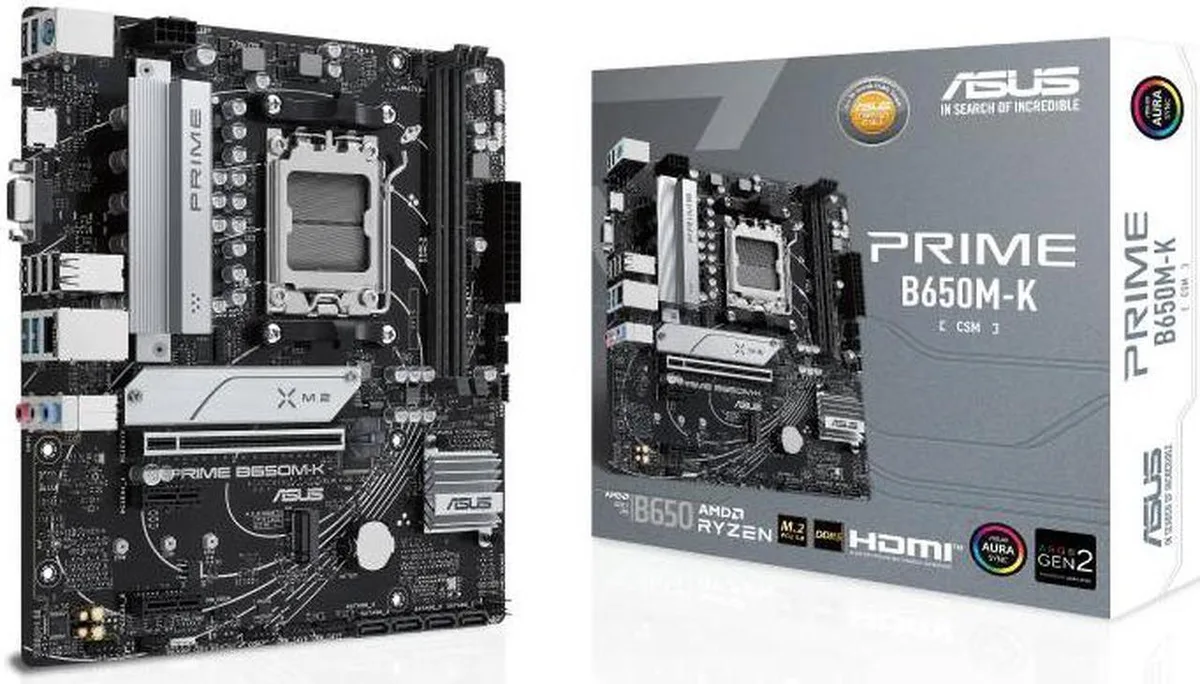 ASUS PRIME B650M-K micro-ATX motherboard, dark PCB with silver heatsinks, AM5 socket, two DDR5 slots, PCIe 5.0 M.2, 2.5 Gigabit LAN