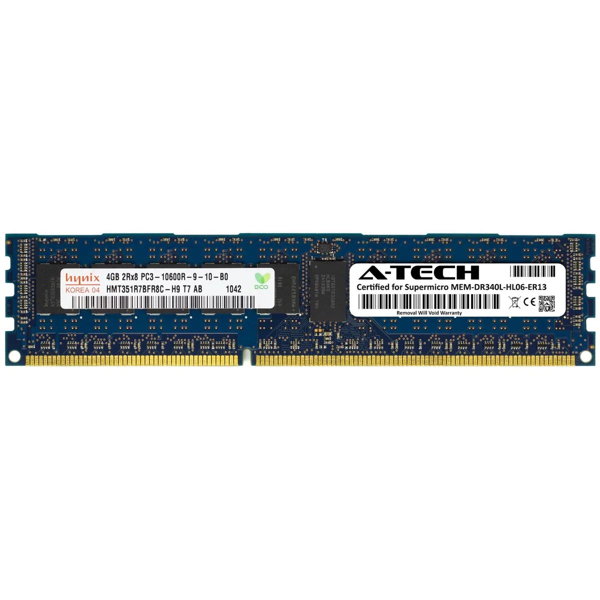 Green 240-pin DDR3 RDIMM module with black chips and gold contacts