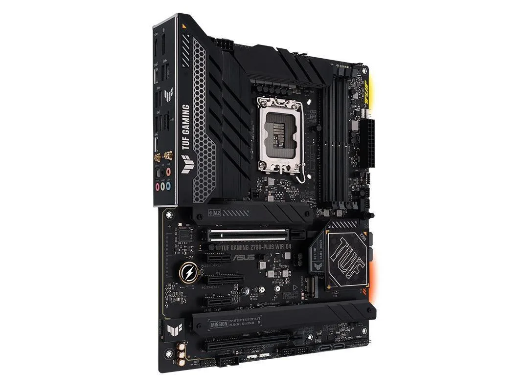 ATX motherboard with dark heatsinks and silver sockets