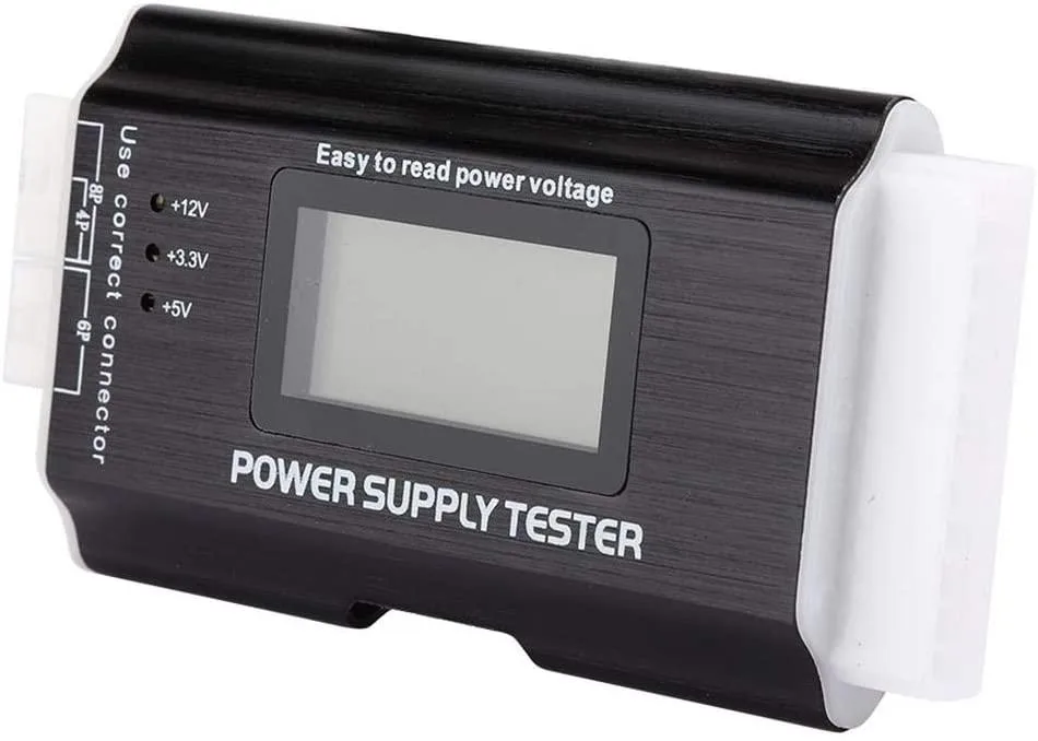 Compact aluminium power supply tester with LCD screen and 20/24 pin ATX connector