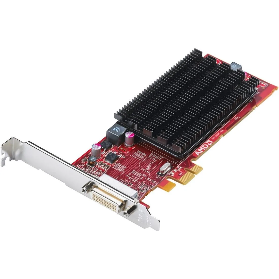 Low-profile PCIe graphics card with passive heatsink and dual DisplayPort outputs