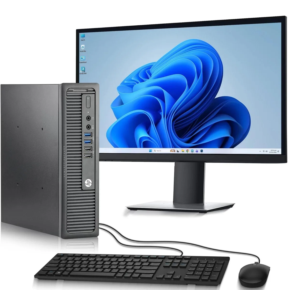 Compact HP G1 mini tower with 24 inch monitor keyboard and mouse
