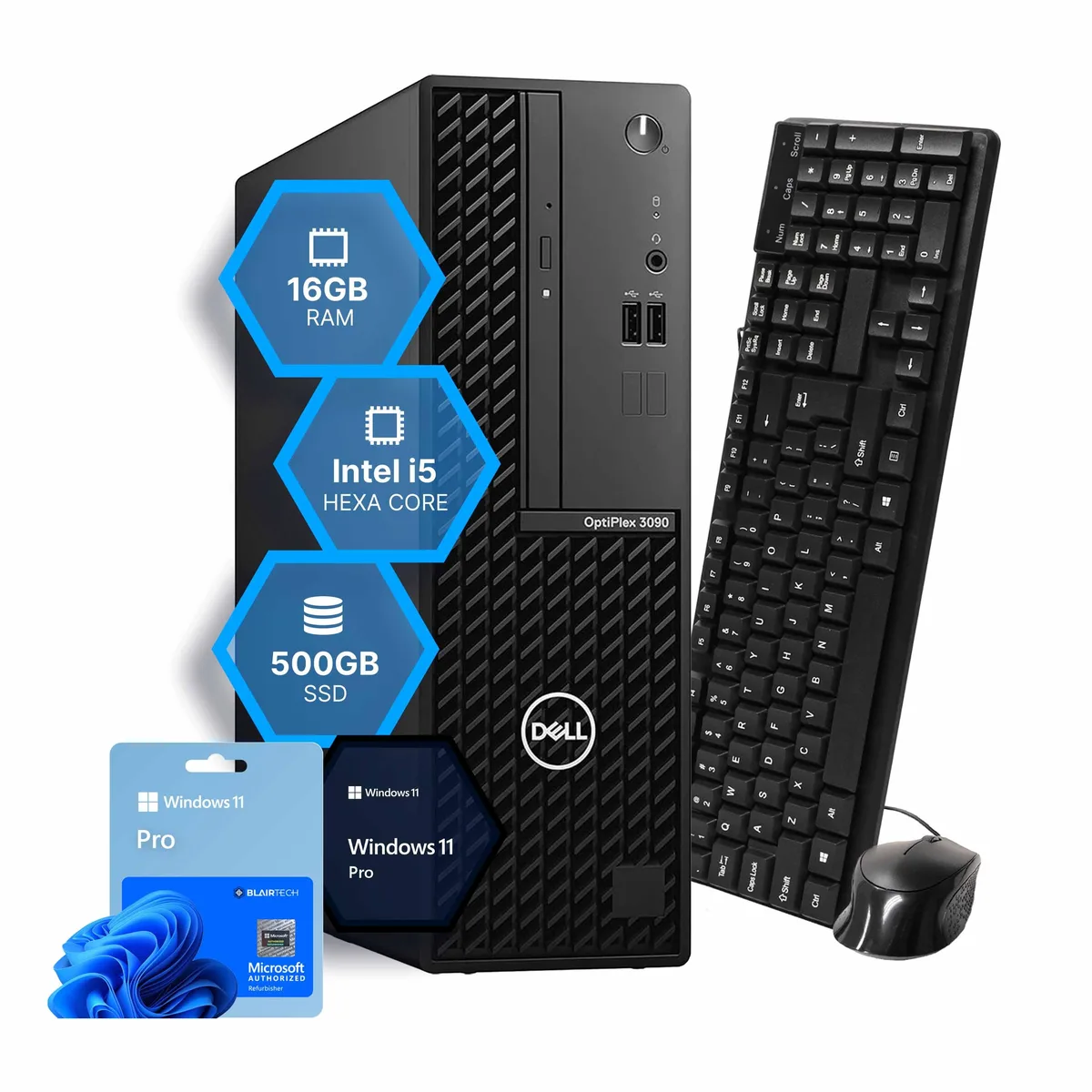 Black Dell OptiPlex 3090 desktop tower with wired keyboard and mouse