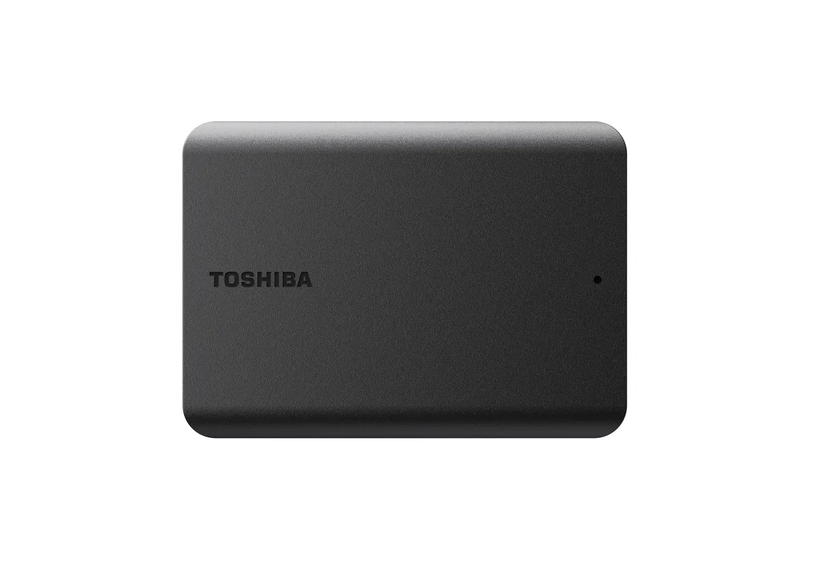 Matte black rectangular portable hard drive with USB cable
