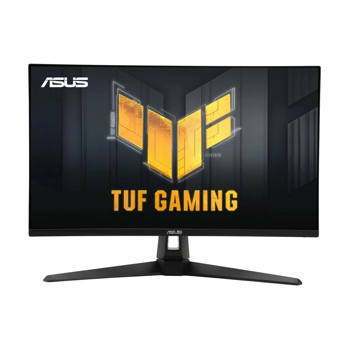 27 inch black gaming monitor on stand, matte anti-glare screen, thin bezels, angular TUF styling