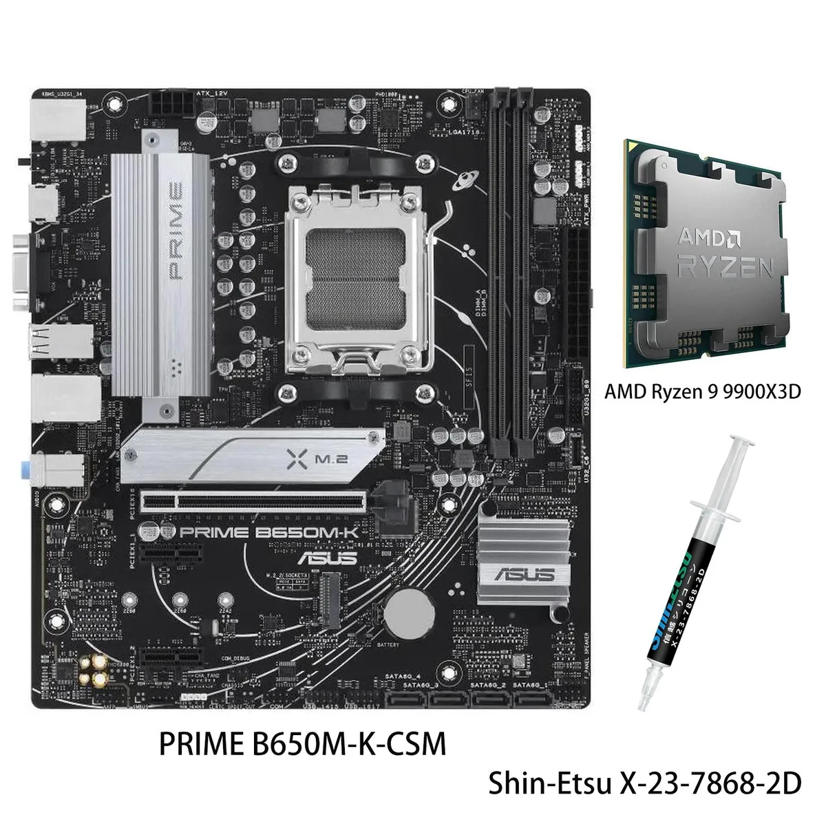 ASUS PRIME B650M-K-CSM micro ATX motherboard with Ryzen 9 9900X3D CPU installed