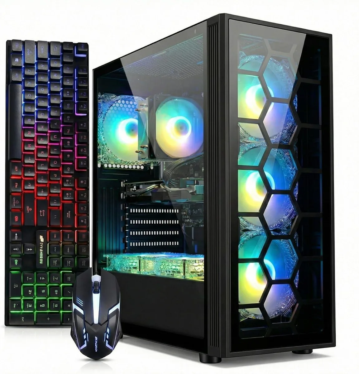 Black tower gaming PC with tempered glass side panel and six RGB fans visible inside