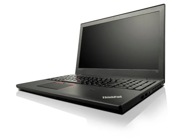 Black 15.6 inch ThinkPad T560 laptop with matte non-touch display and integrated webcam