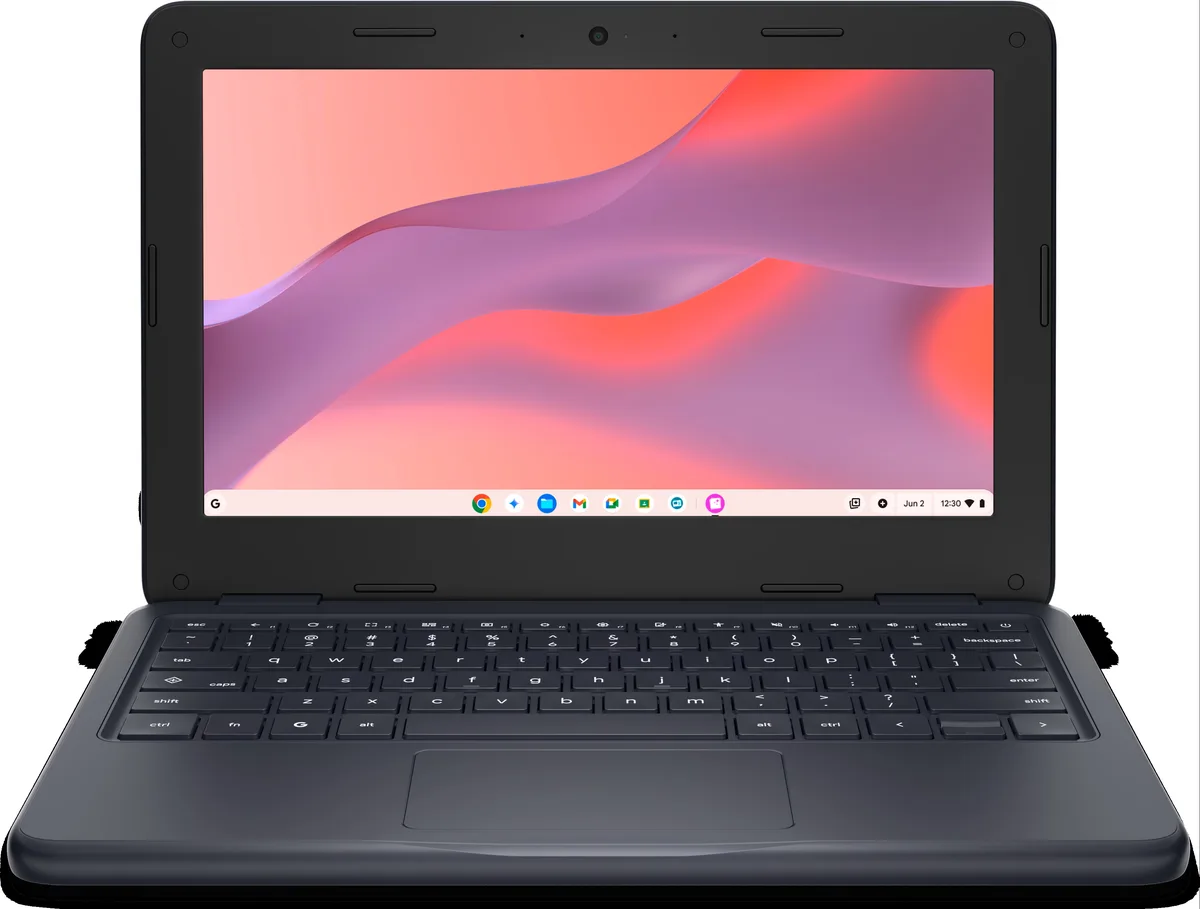 Silver clamshell Chromebook 11 with 11.6 inch non-touch LCD screen
