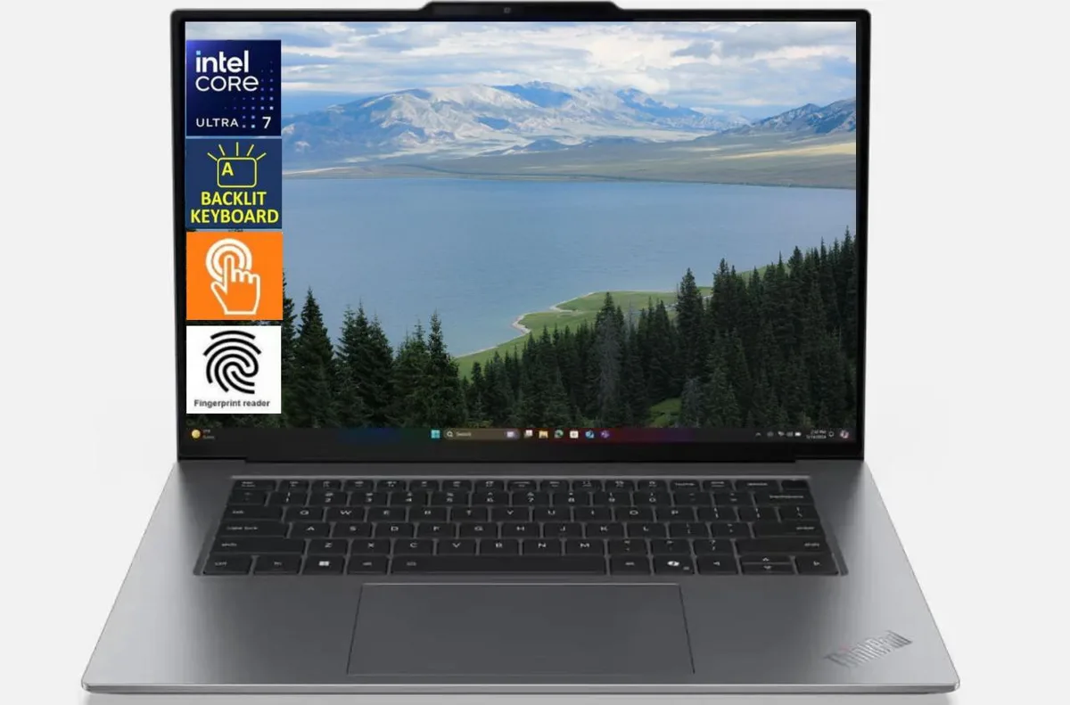 Grey 14 inch laptop with thin OLED touchscreen and backlit keyboard