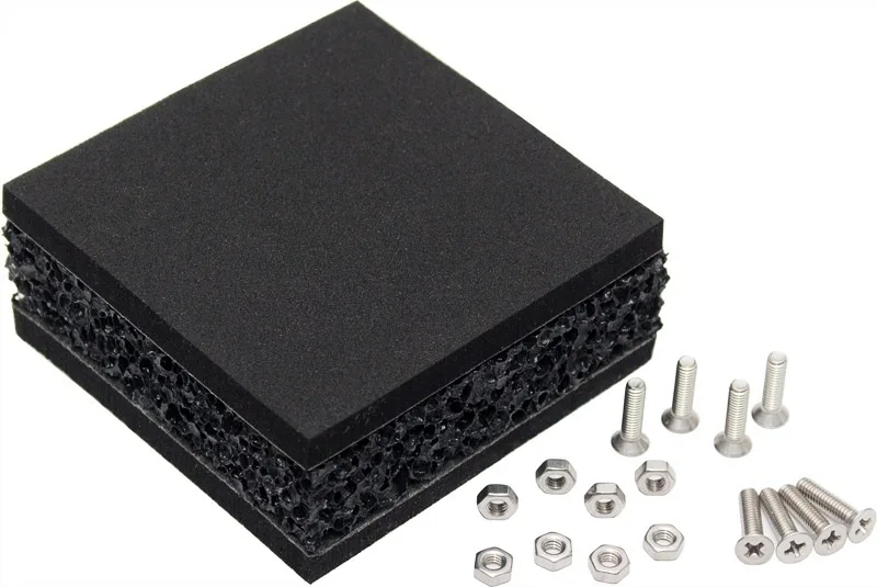Black foam rubber pads with self-adhesive backing, sponge center, and silver screws and nuts for pump mounting