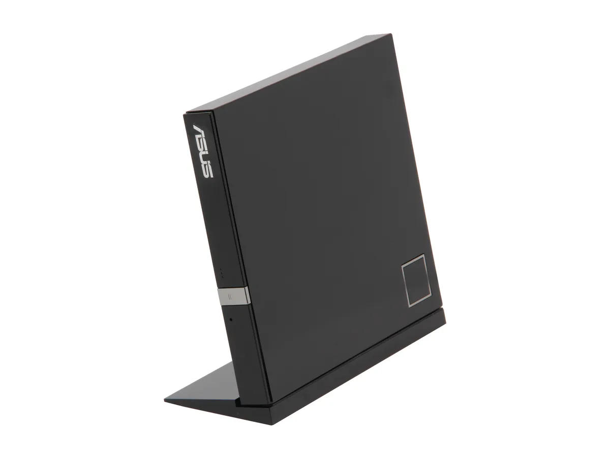 Slim black external Blu-ray writer with USB 2.0 cable, stands vertically or horizontally