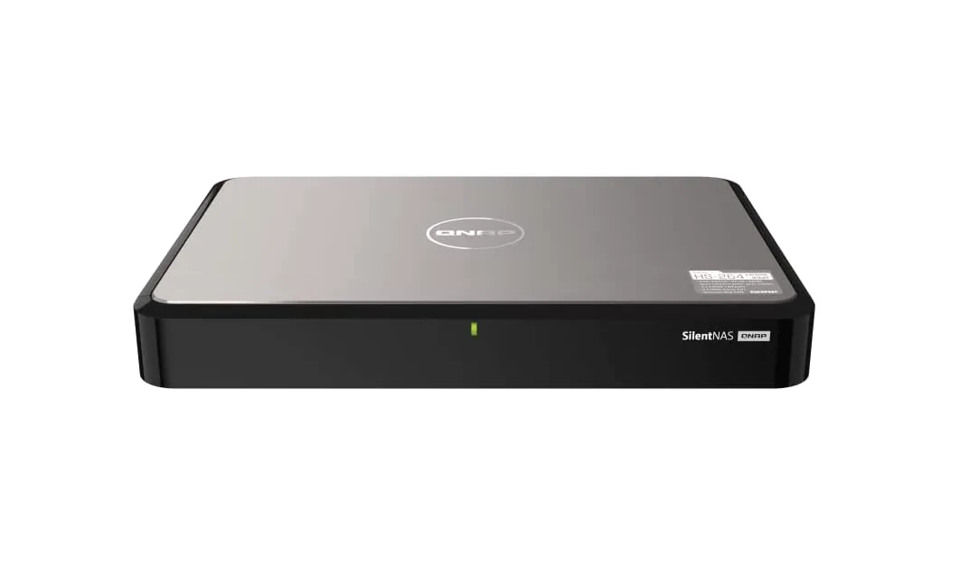 Compact silver desktop NAS enclosure, two drive bays front, minimalist matte finish