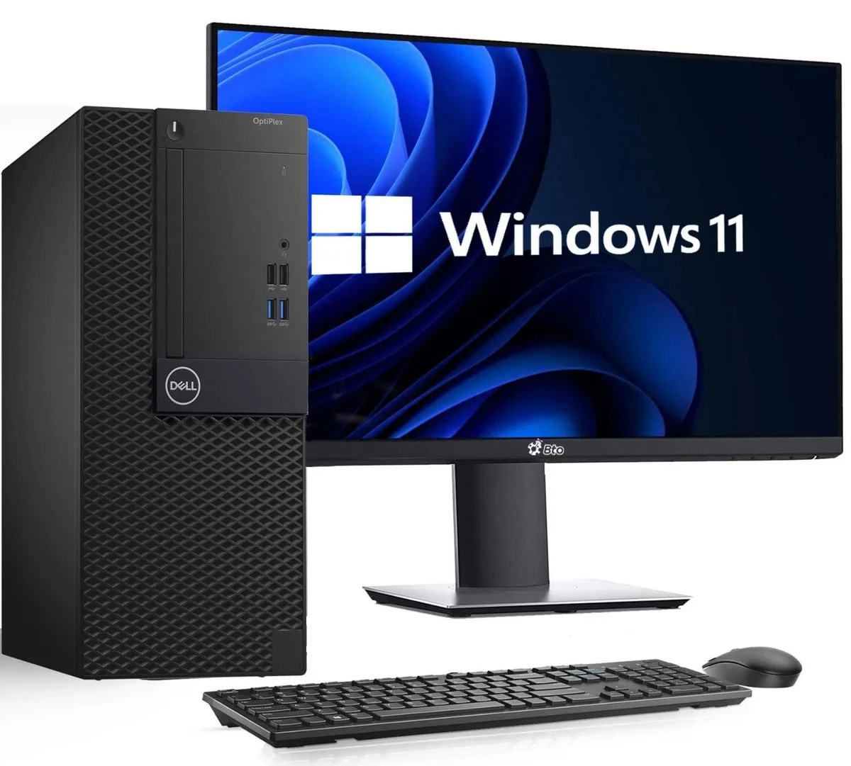 Black Dell OptiPlex mini tower and 24 inch monitor with keyboard and mouse
