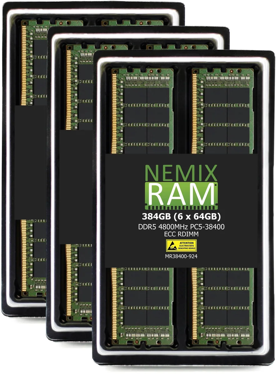 Six green DDR5 RDIMM modules in a row