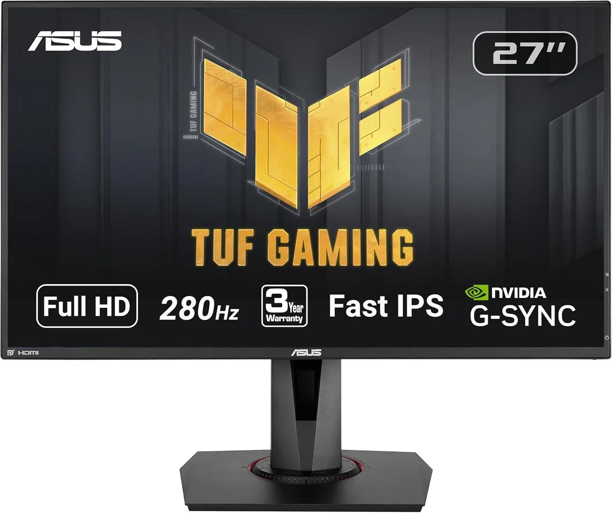 Black 27 inch IPS gaming monitor on adjustable stand, non-glare screen, thin bezels