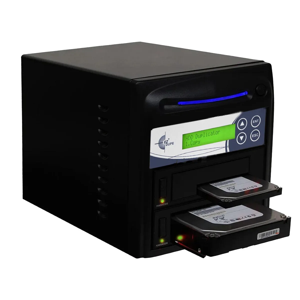 Black standalone duplicator with 16 x 2 LCD and SATA slot