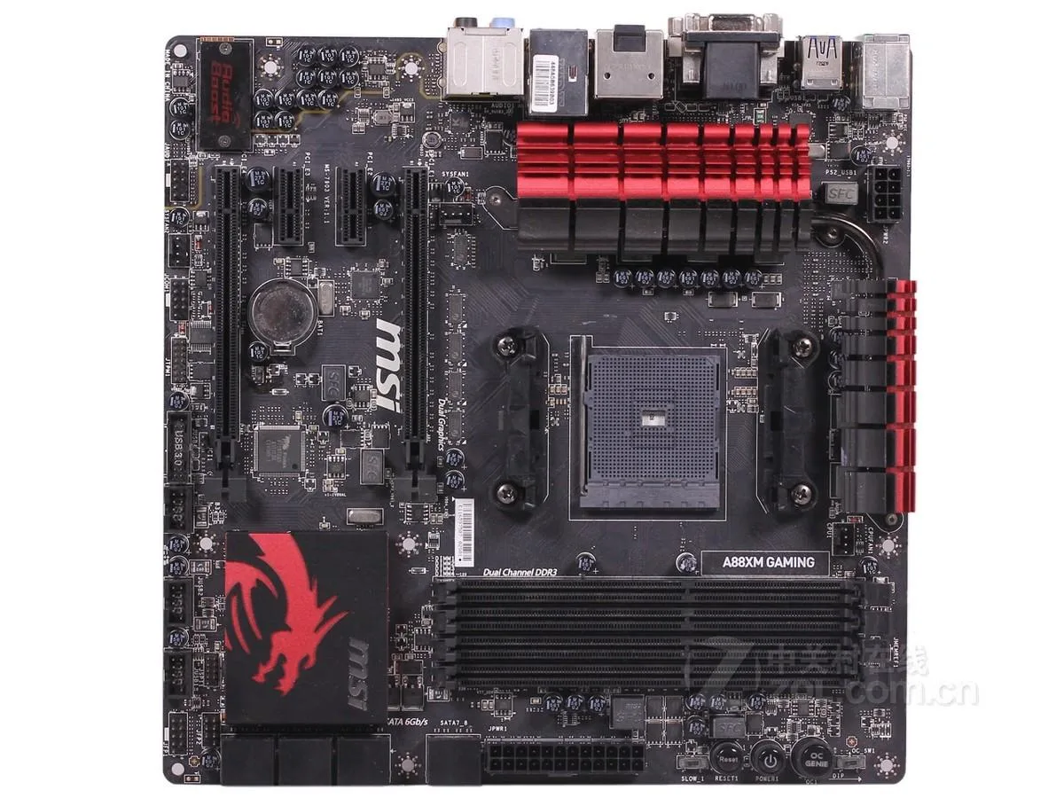 MSI A88XM GAMING Micro ATX motherboard black PCB red accents FM2+ socket DDR3 slots PCIe x16 SATA ports I/O shield