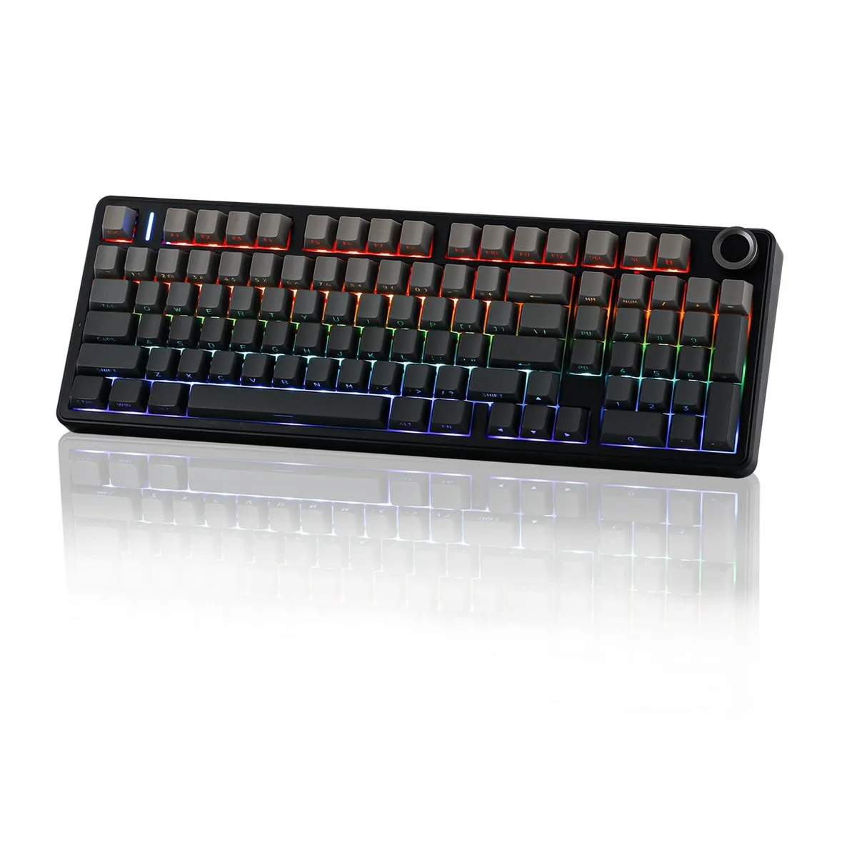 Compact 96 percent wireless gaming keyboard in black gradient finish with metal volume knob and RGB backlighting