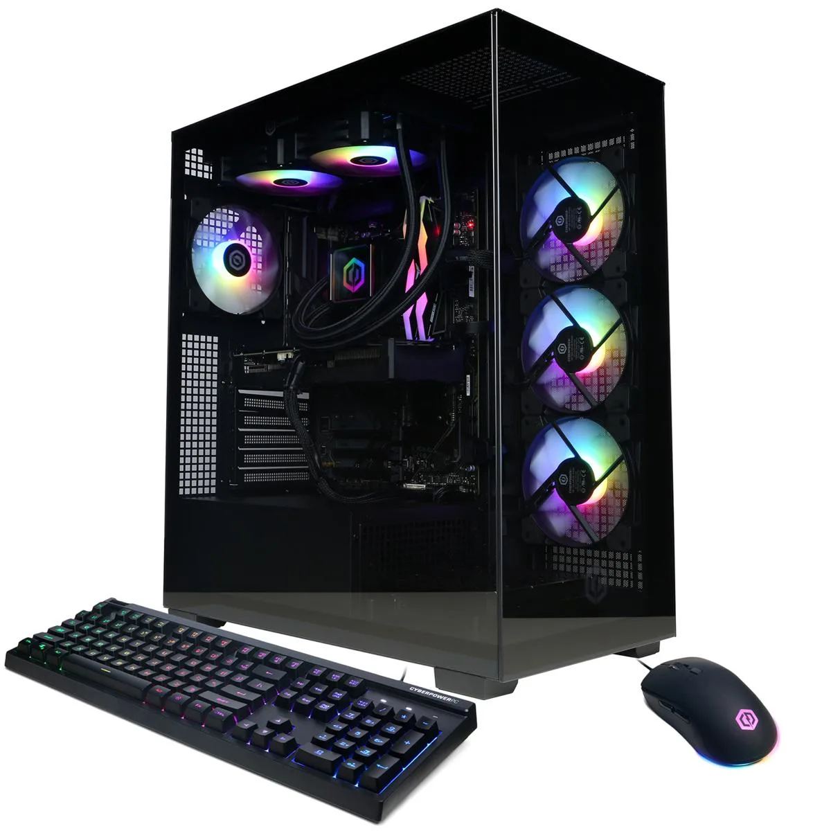 Mid-tower gaming desktop with RGB lighting and liquid cooling