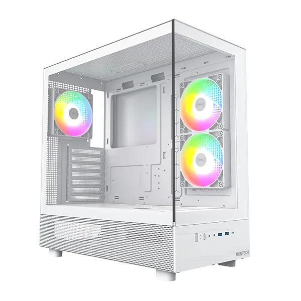 White mid-tower ATX case with dual tempered glass panels and wood-grain I/O panel