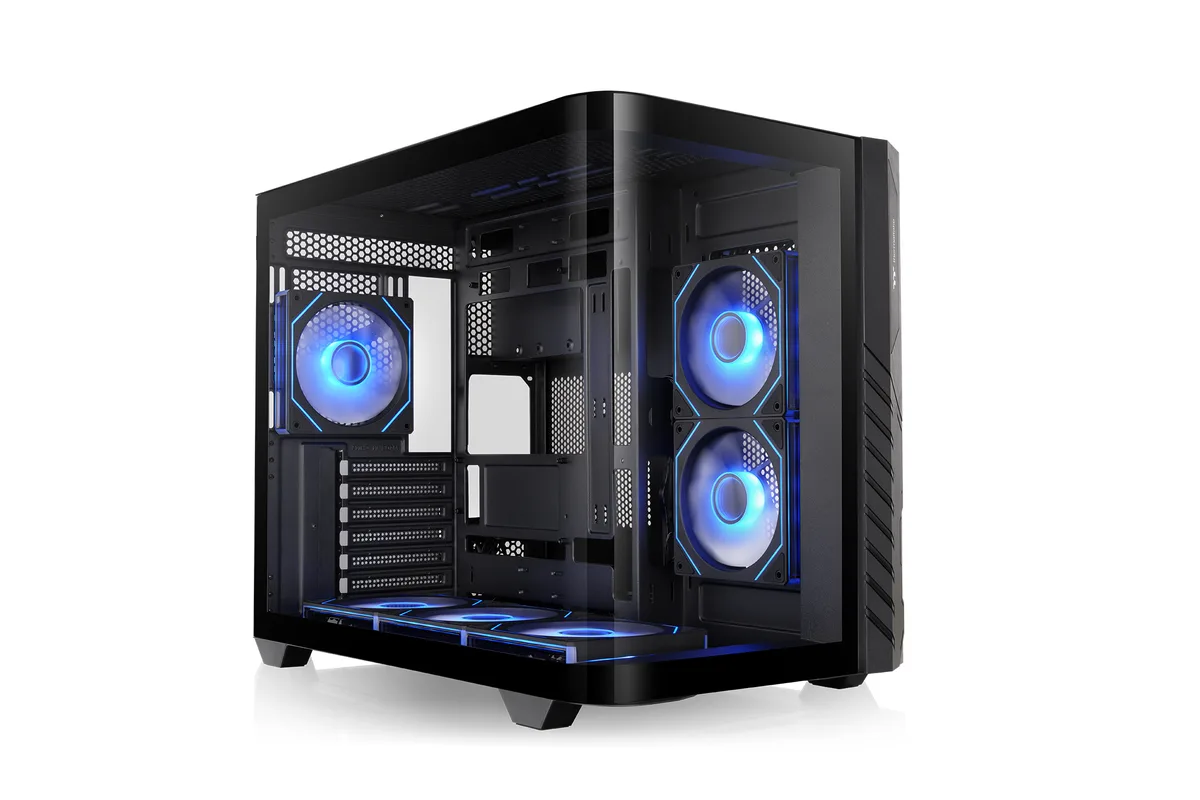 Black mid-tower with curved tempered glass front and side, six ARGB fans visible