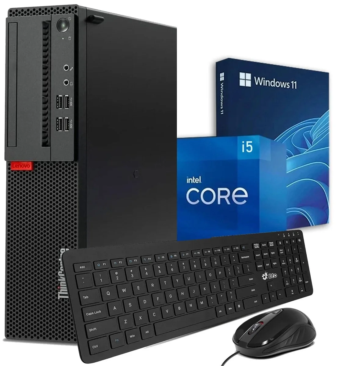 Compact black small-form-factor desktop tower with keyboard and mouse
