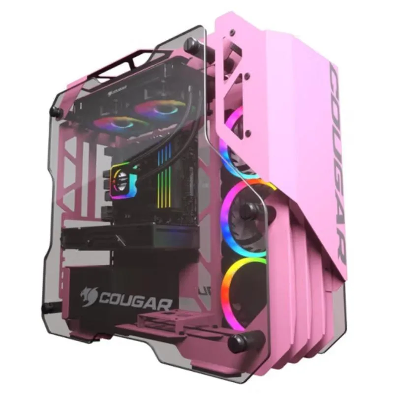 Pink open-frame mid-tower with aluminium frame and glass panels
