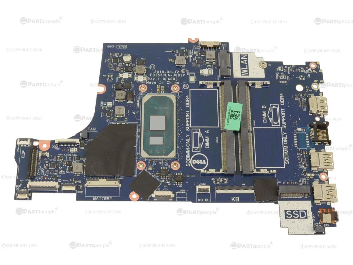 Green rectangular laptop motherboard with silver CPU socket and black chipset heatsink