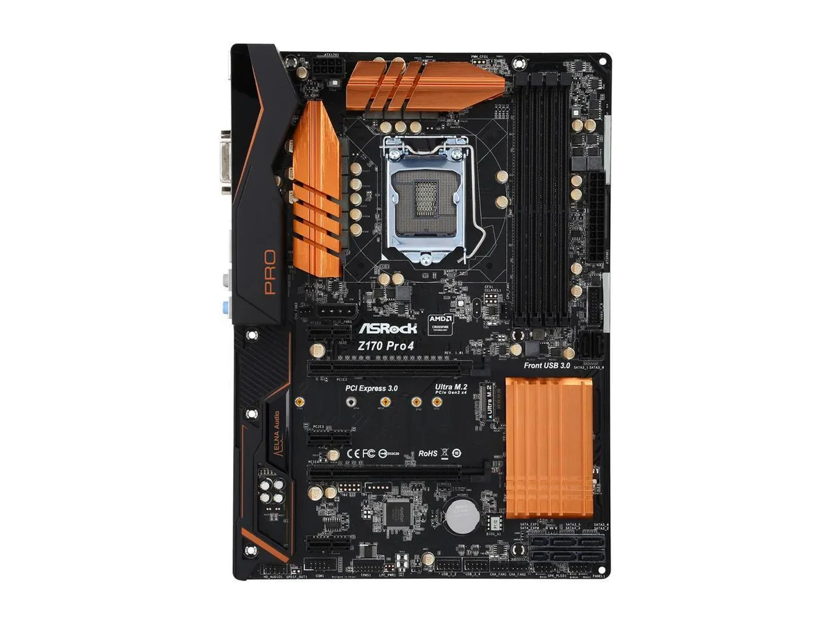ASRock Z170 Pro4 ATX motherboard with black PCB and silver heatsinks