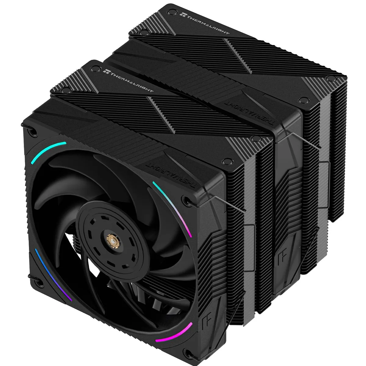 Black twin-tower CPU cooler with seven black heat pipes and two 120mm fans