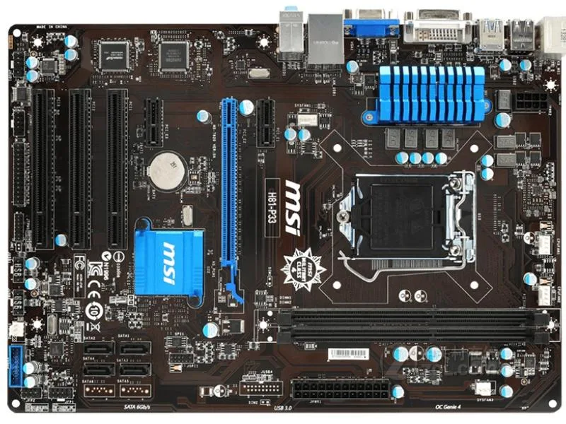 Green Micro ATX motherboard with silver LGA 1150 socket, four black DDR3 slots, blue PCIe x16 slot, white PCI slots, black SATA ports