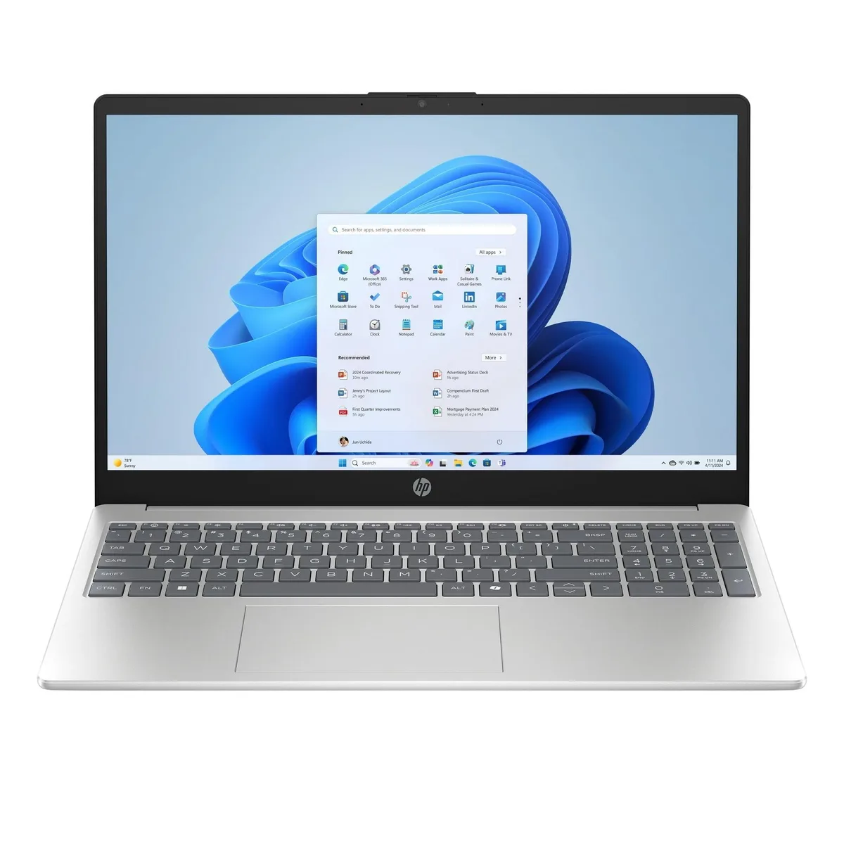 Silver 15.6 inch laptop with full-size backlit keyboard and numeric keypad